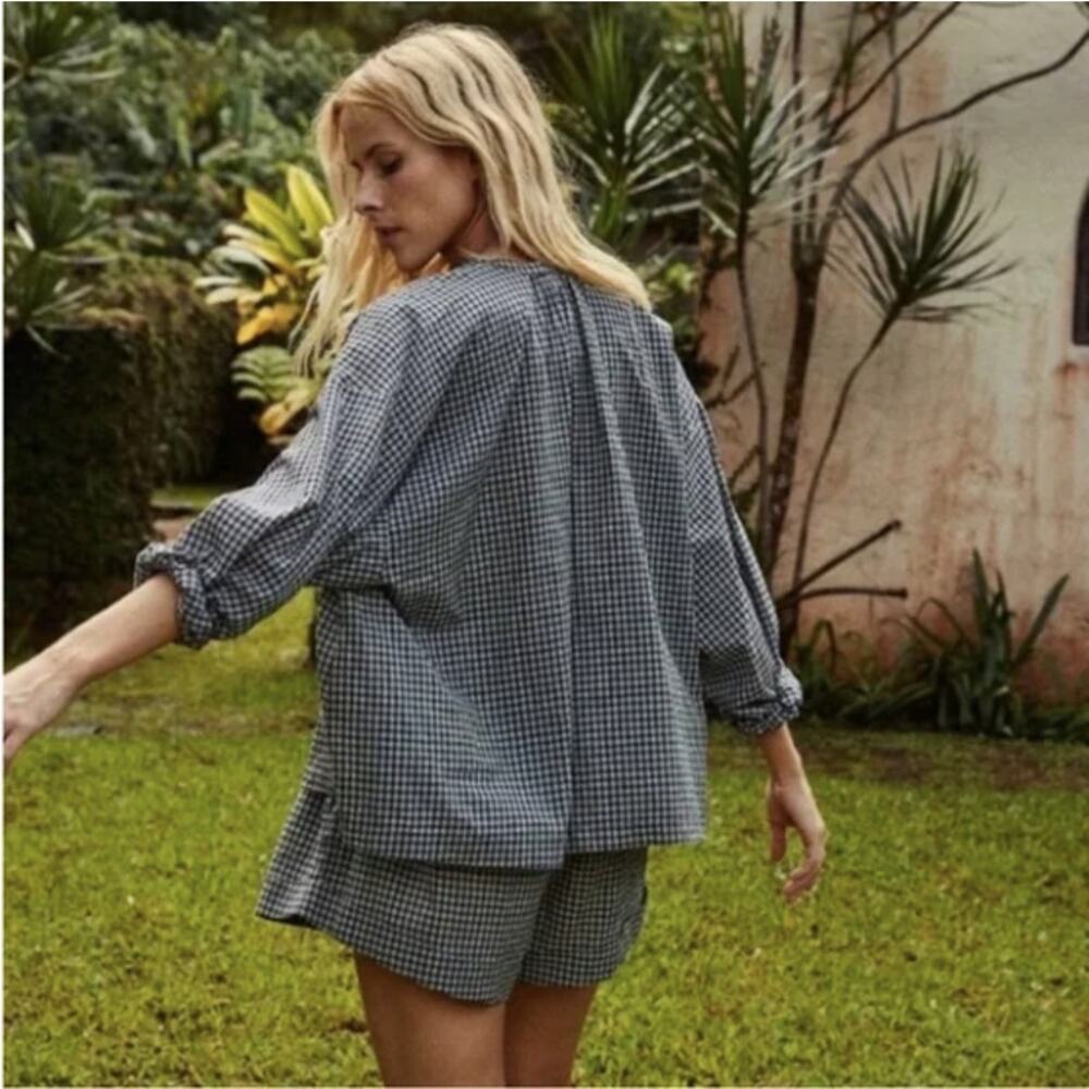 Doen Jane Button Front Blouse Checked Gingham Navy Somerset Plaid Size Small - Picture 4 of 8